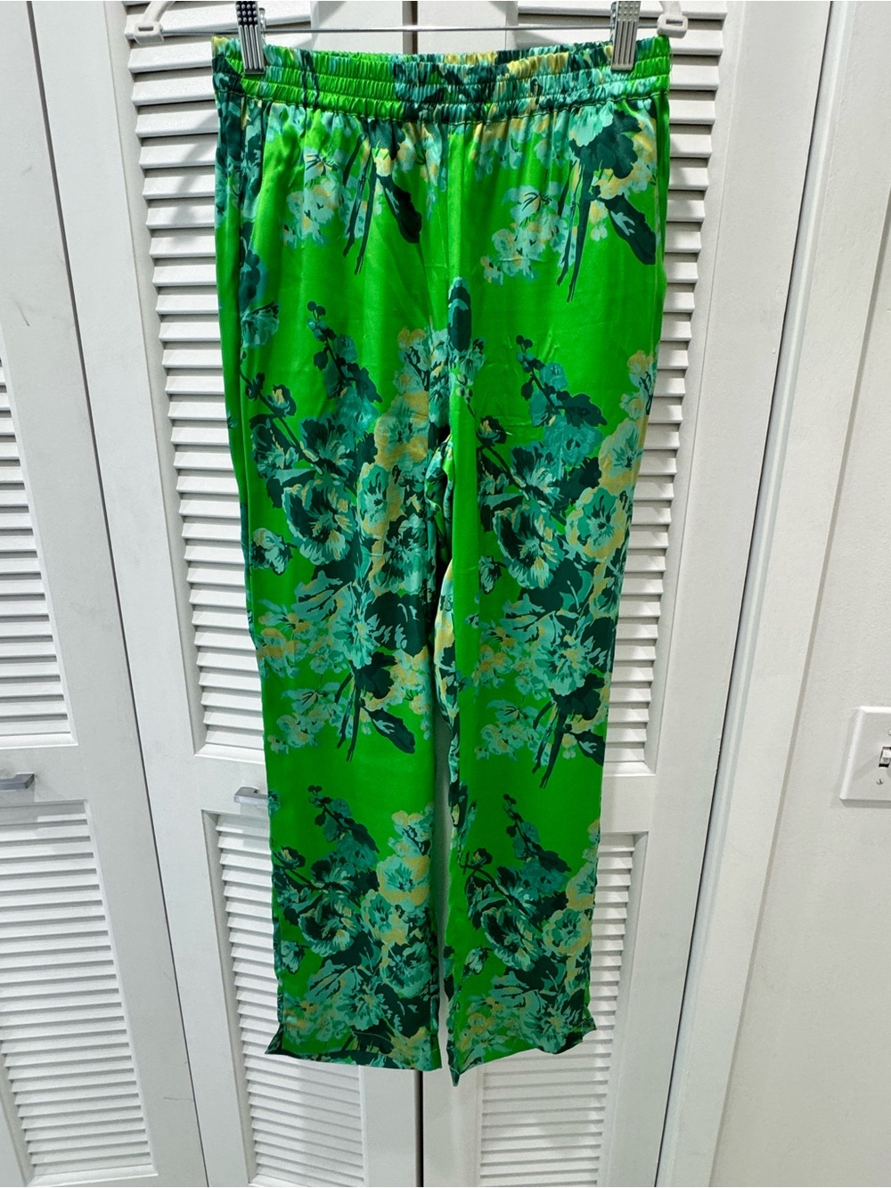 Green Floral Wide-Leg Elastic-Waist Pants